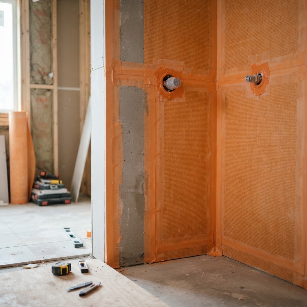 Bathroom wall mid-construction with orange waterproofing membrane over cement board