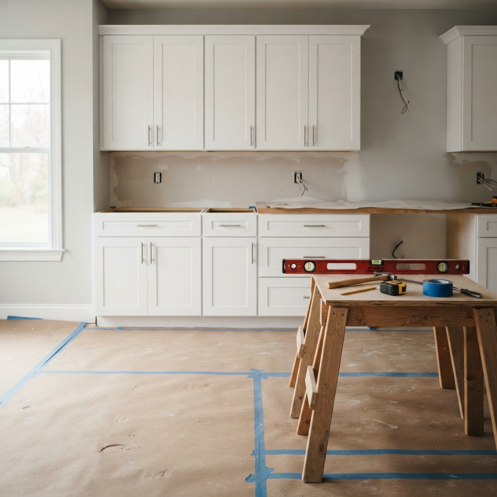 Clean, organized kitchen jobsite mid-installation