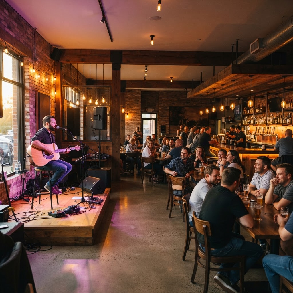 A solo musician performing at an upscale brewery taproom while a small audience enjoys the show