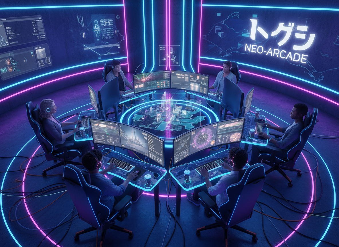 Gamers jogando juntos em ambiente neon