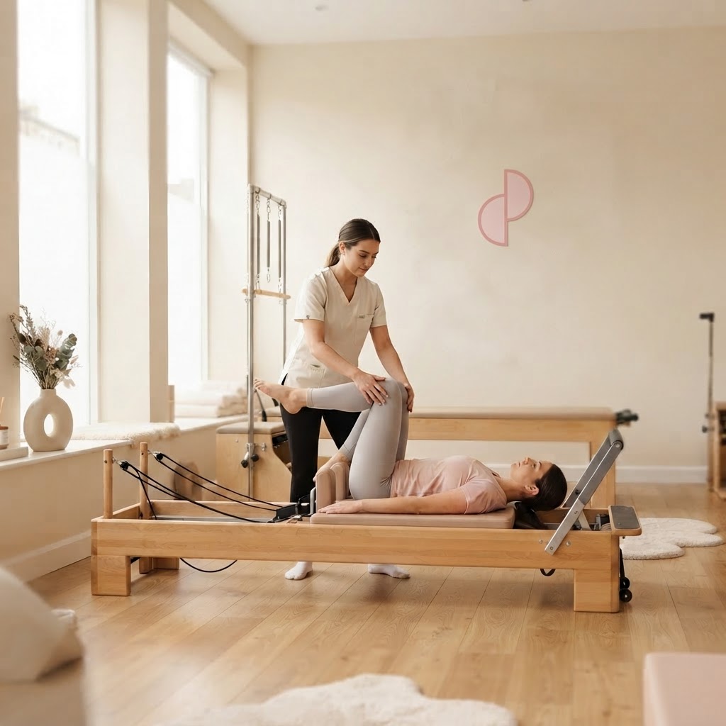 Physiotherapist guiding a client on the reformer