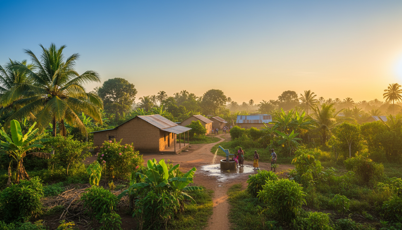 Lush Liberian village at golden hour with a clean water well
