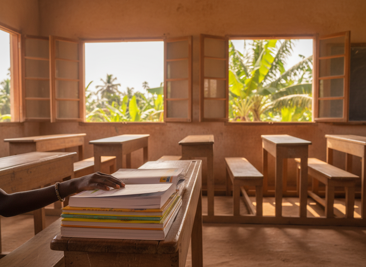 Sunlit classroom in Liberia with textbooks on wooden desks