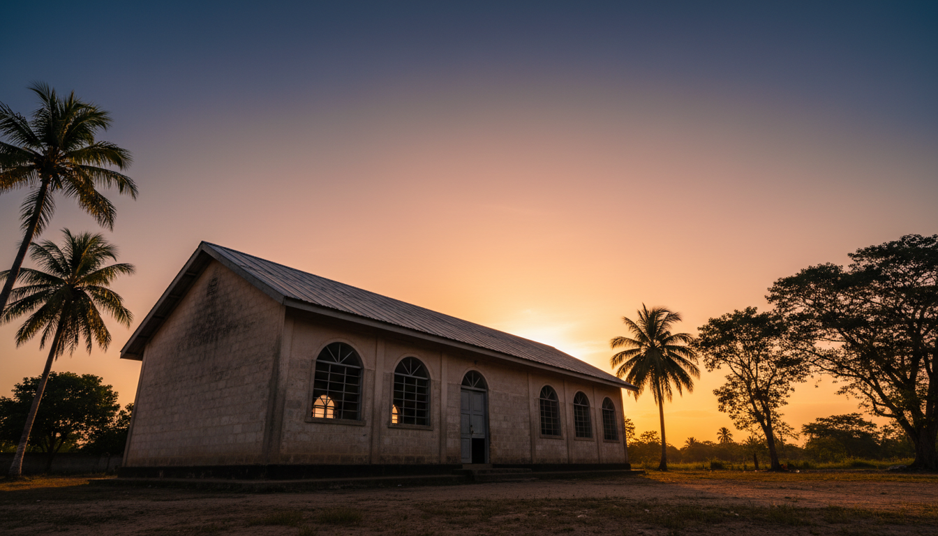 School building silhouette against Liberian sky at golden hour