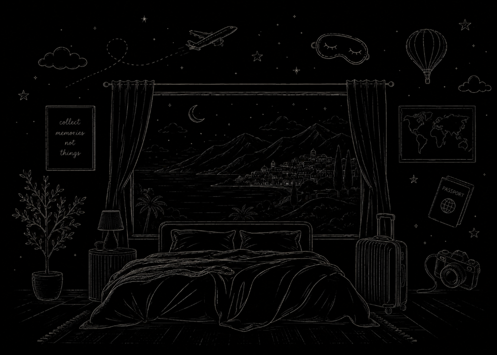 Sketch of a travel bedroom scene with a window, bed, suitcase, and travel keepsakes