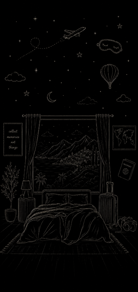 Sketch of a travel bedroom scene with a window, bed, suitcase, and travel keepsakes