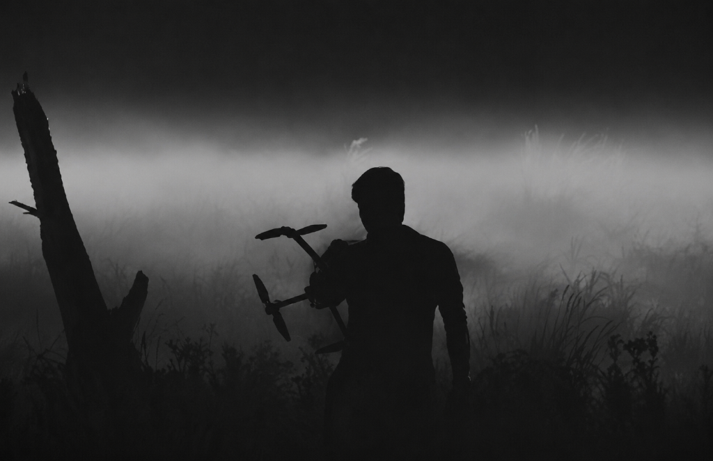 Silhouette of a drone pilot in the fog