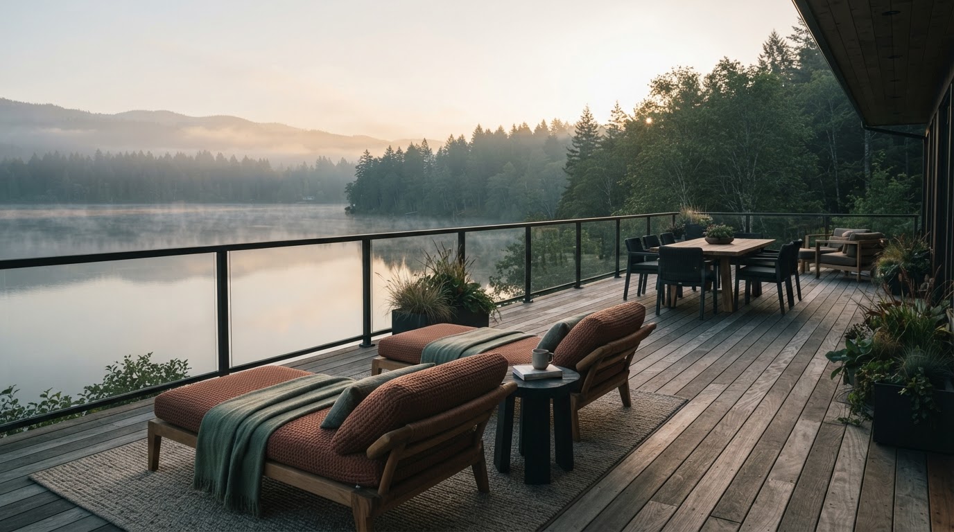 Resort deck overlooking water and forest
