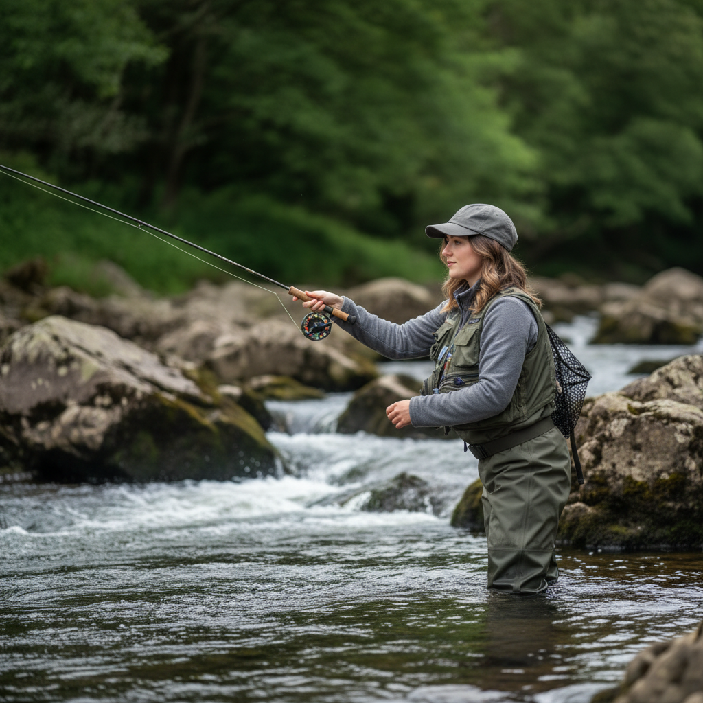 Sophie fly fishing in a Welsh river valley