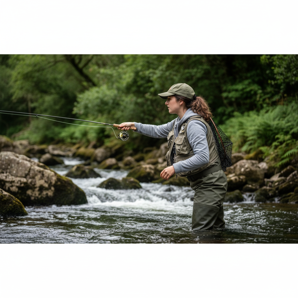 Sophie fly casting on a rocky Welsh river