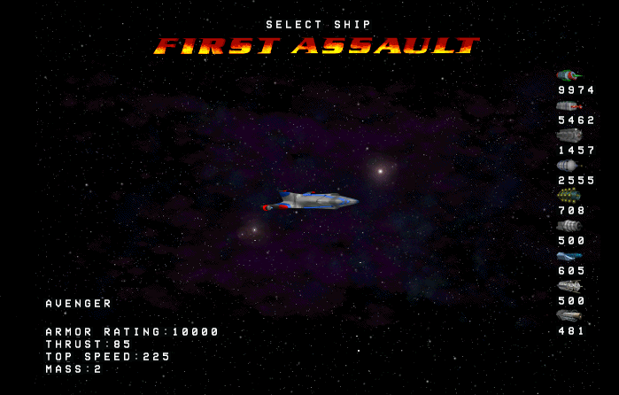 Ship picker screen showing selectable ships with stats