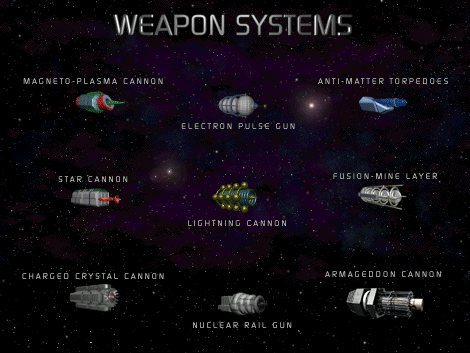 Weapon systems grid showing nine available weapons