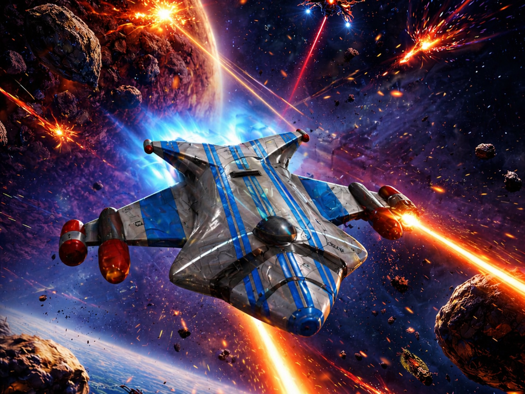 Spaceship flying through a neon-lit nebula in deep space