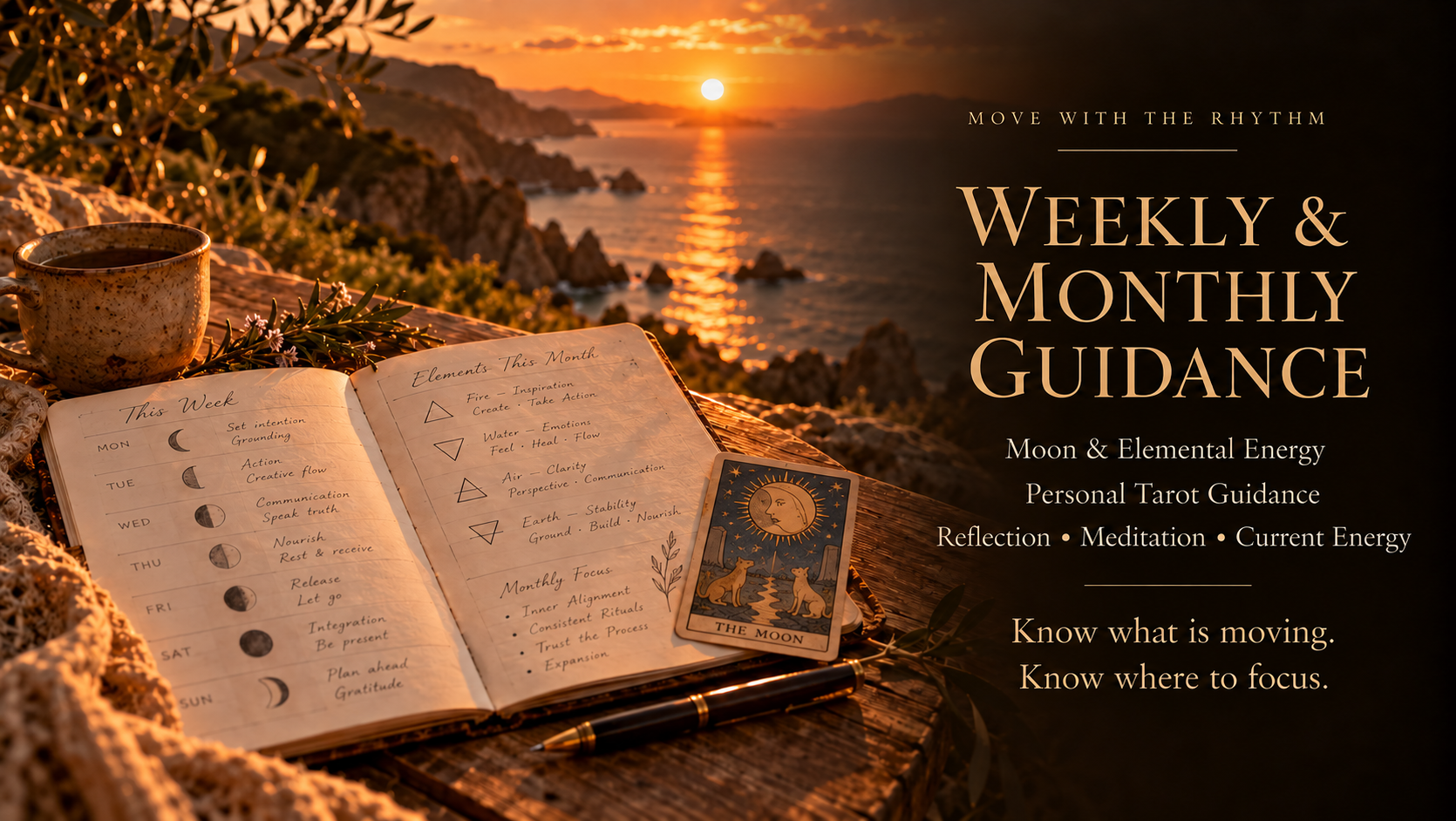 Weekly & monthly guidance, moon & elemental energy, personal tarot guidance, reflection, meditation, current energy