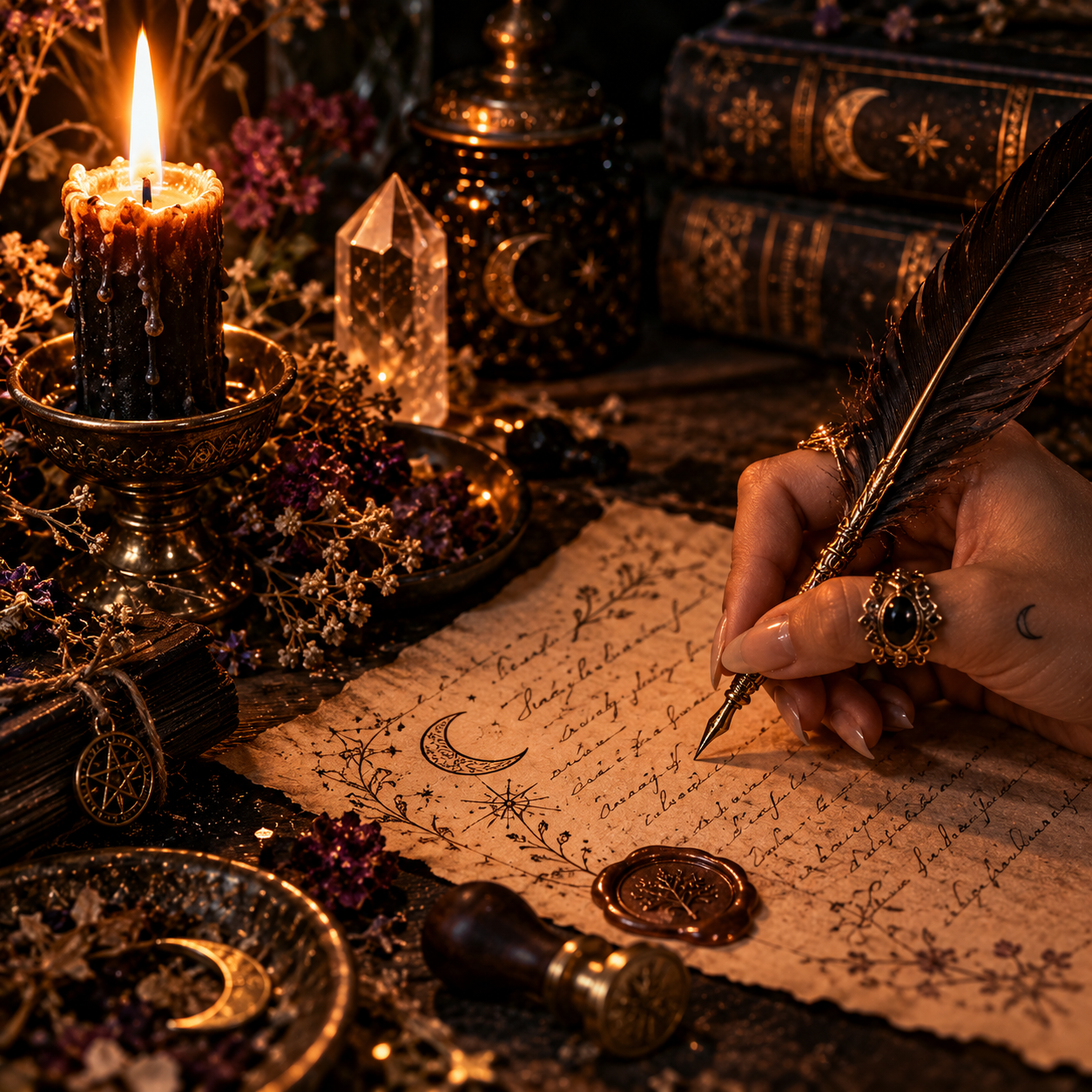 The sacred scribe, writing intentions by candlelight
