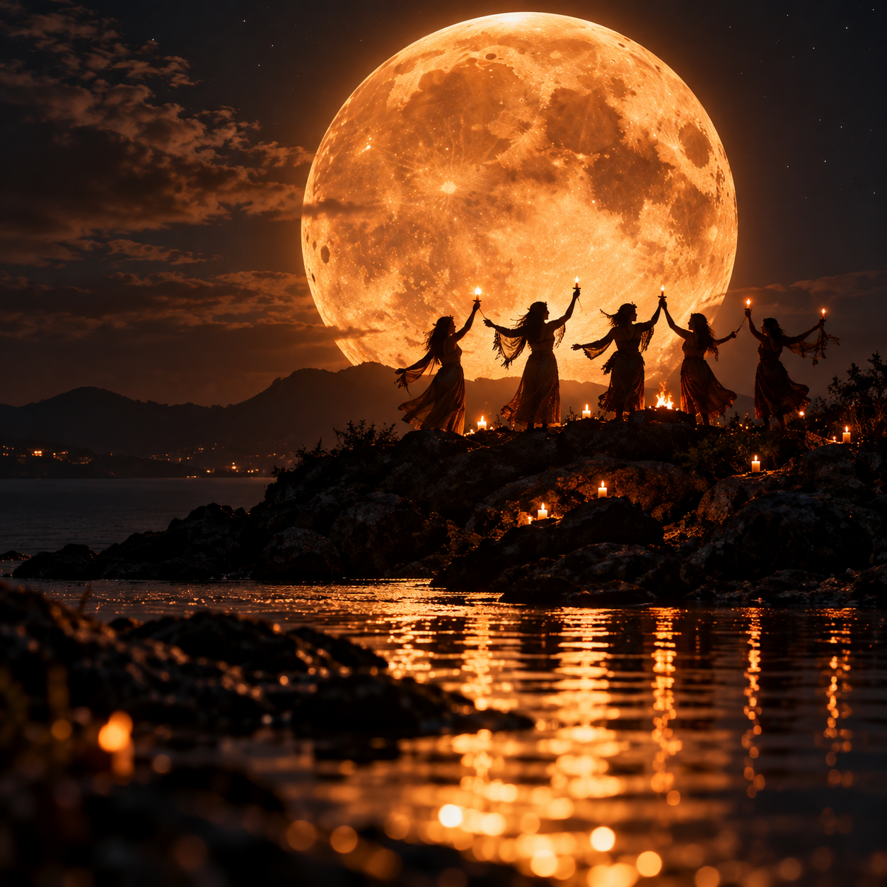 A circle of women with candles beneath a giant golden full moon
