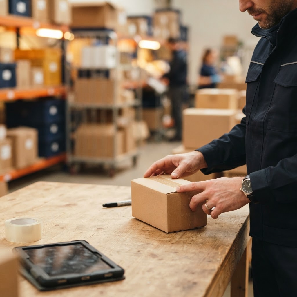 A courier carefully inspecting a package before accepting it