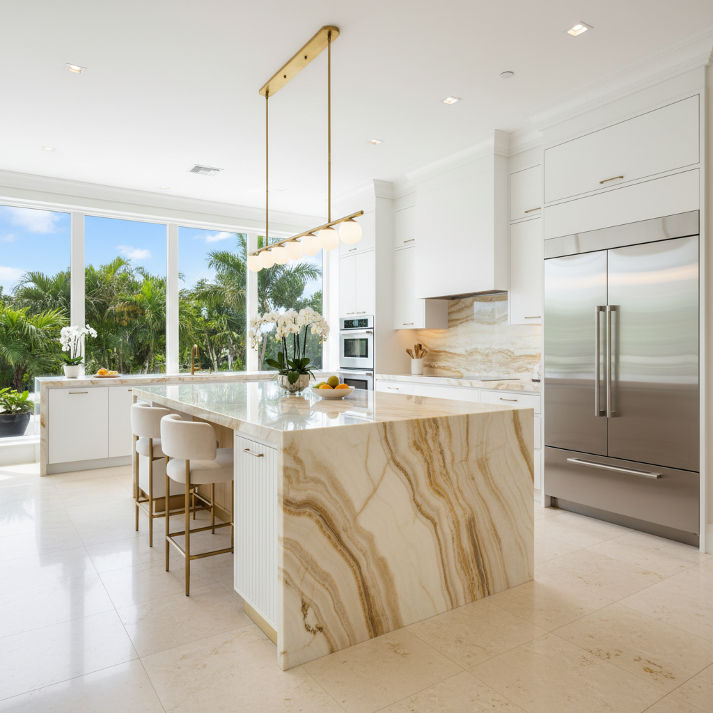 Luxury South Florida kitchen with Calacatta marble island