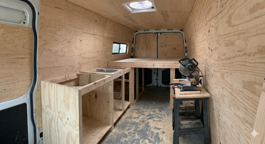 Finished interior of converted bus home