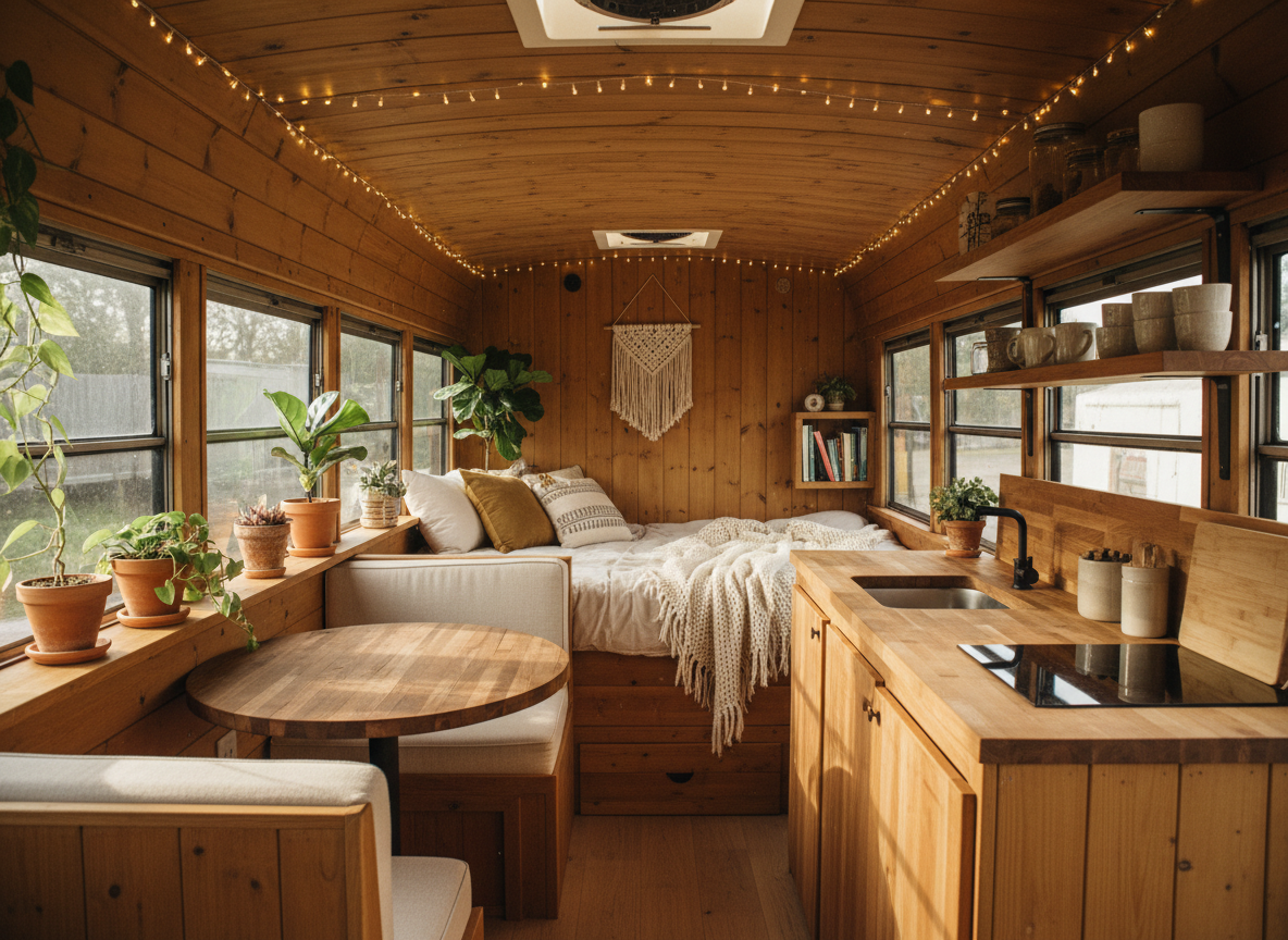 Beautiful bus home interior with warm wood tones