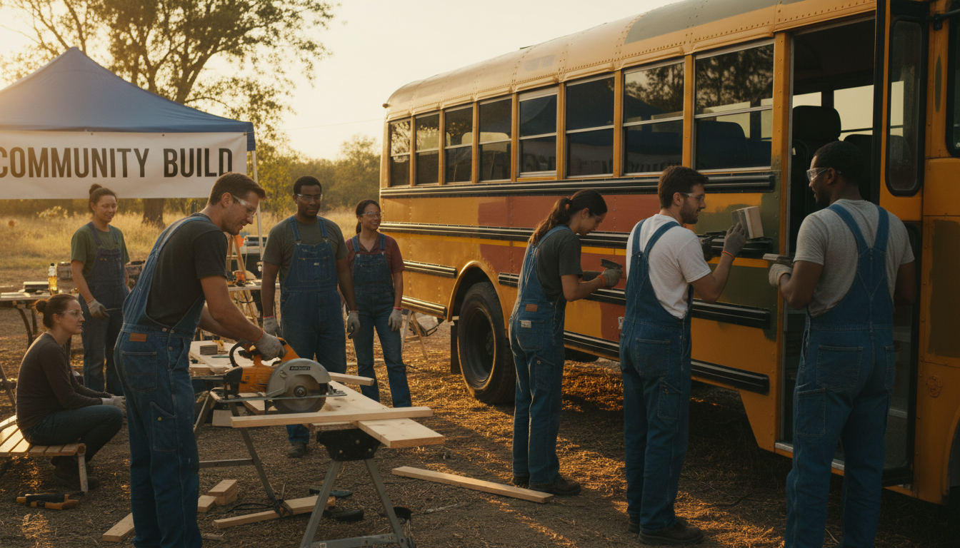Volunteers building together