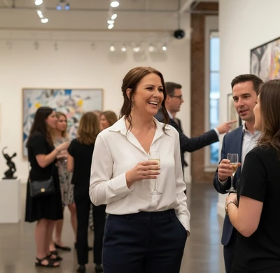 Olivia Norris holding one of her original paintings in a gallery