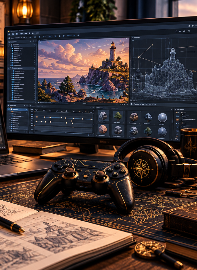 A game development desk with a lighthouse scene on the monitor