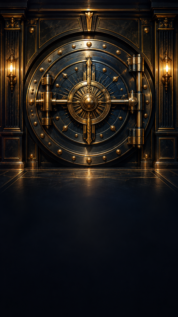An ornate steel vault door flanked by brass lanterns