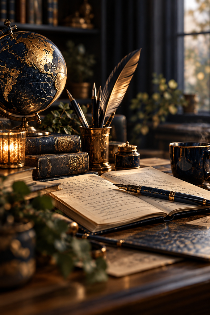 A writer's desk with a globe, an open journal and a quill