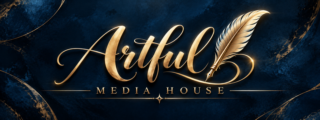 Artful Media House — a gold script quill wordmark on deep navy