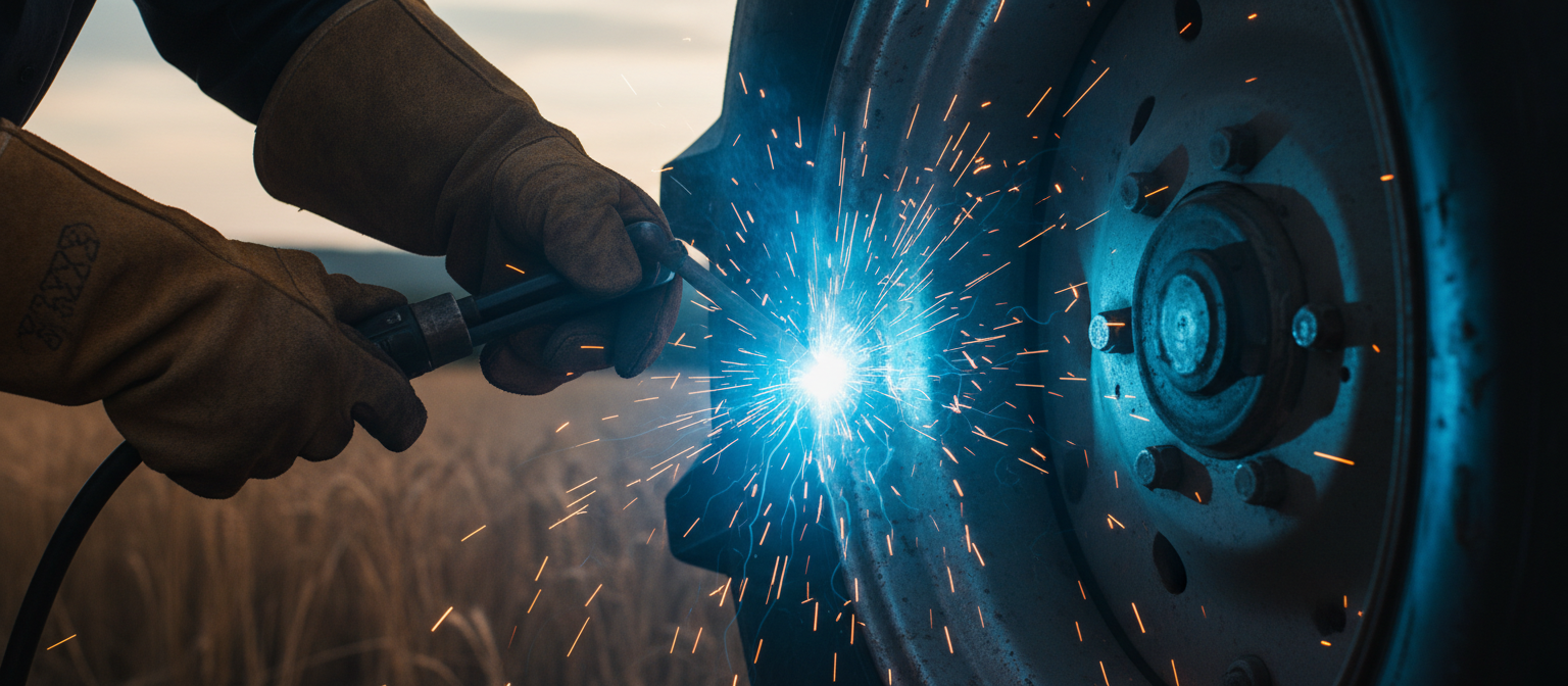 Welder repairing farm equipment at dusk