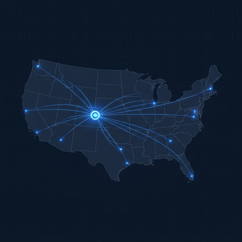 Stylized coverage map showing Sawyer Oakley debt collection reach across the United States from Denver, Colorado