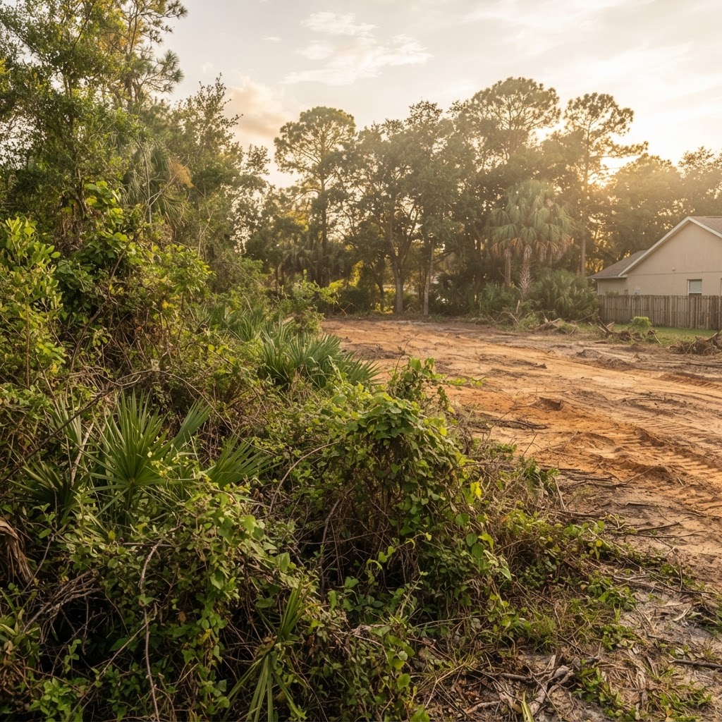 Overgrown Jacksonville backyard being cleared and rough graded by Arcadia Landscaping