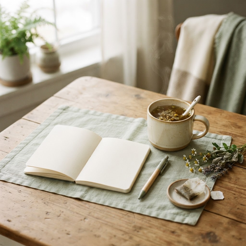 A cup of coffee and a notebook on a wooden table in morning light