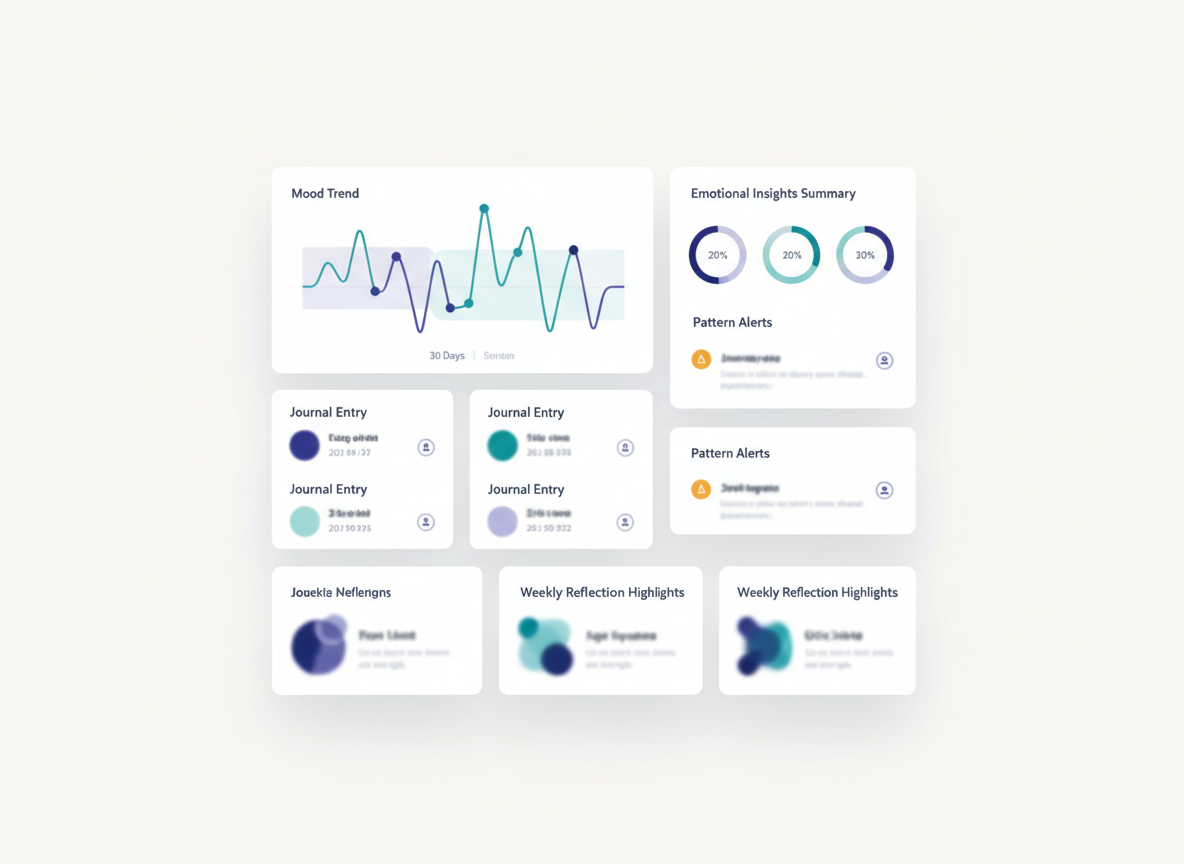 Track Your Mental Health dashboard showing mood trends, journal entries, and emotional insights
