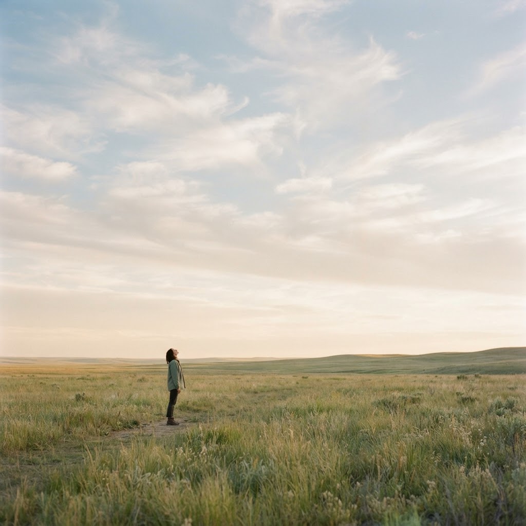 A person standing in an open field looking at a vast sky with clouds