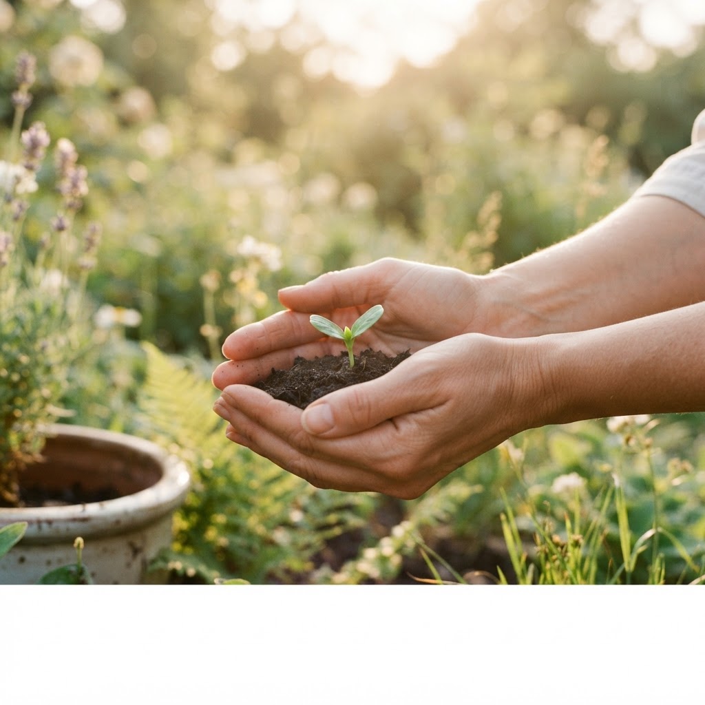 Hands holding a small green plant with soft, warm lighting