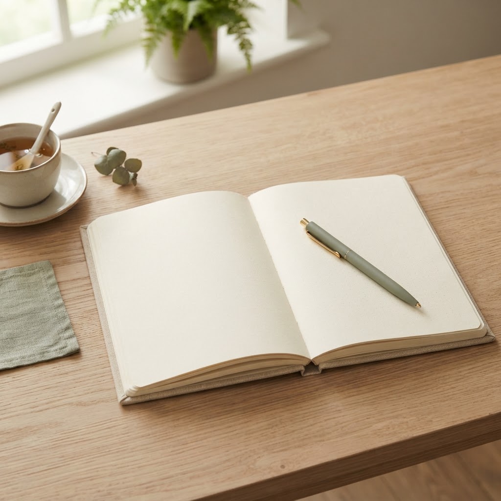 Person writing in a journal by a window with soft natural light