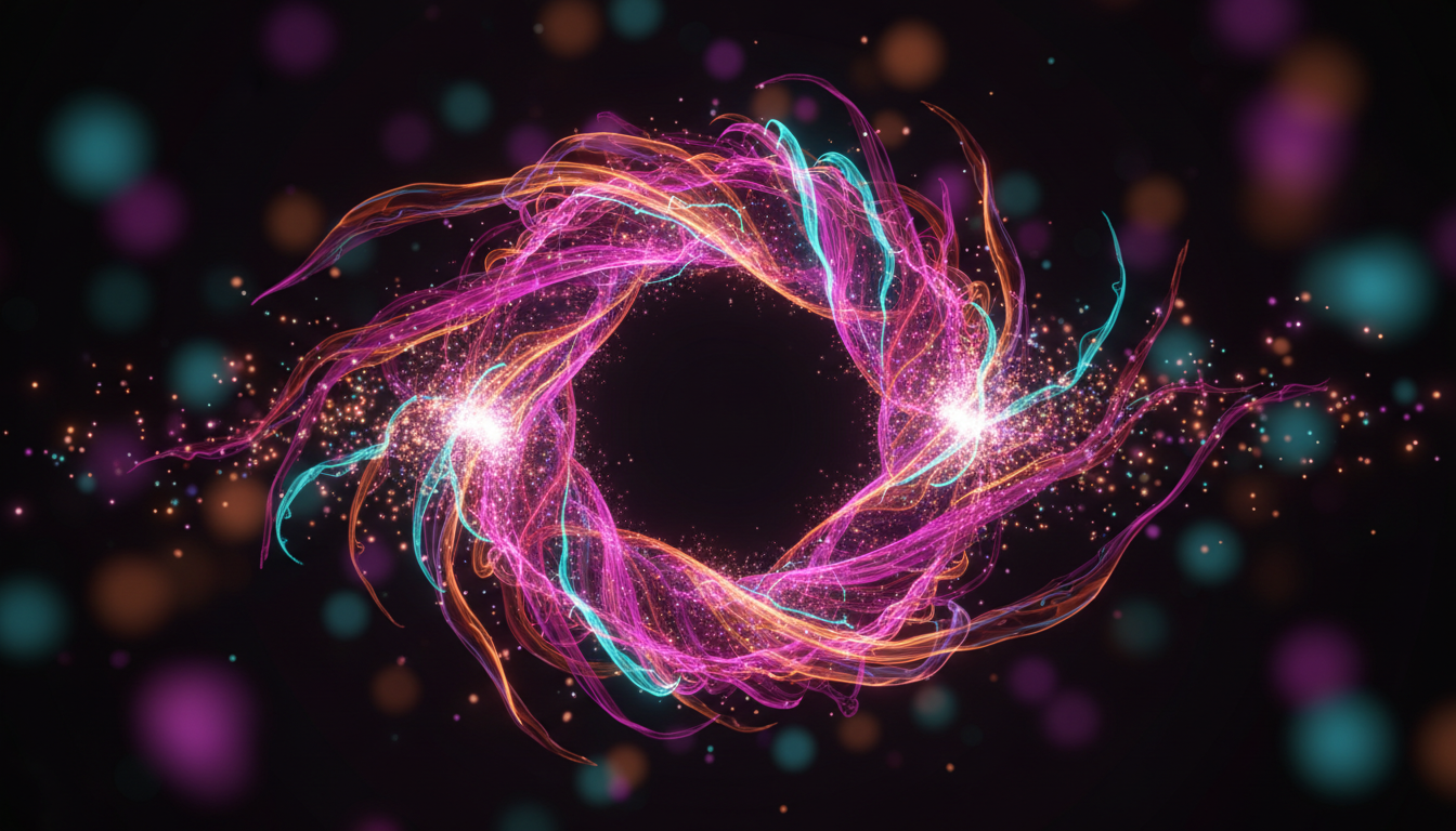 Portal mágico de partículas de luz magenta, ámbar y cyan