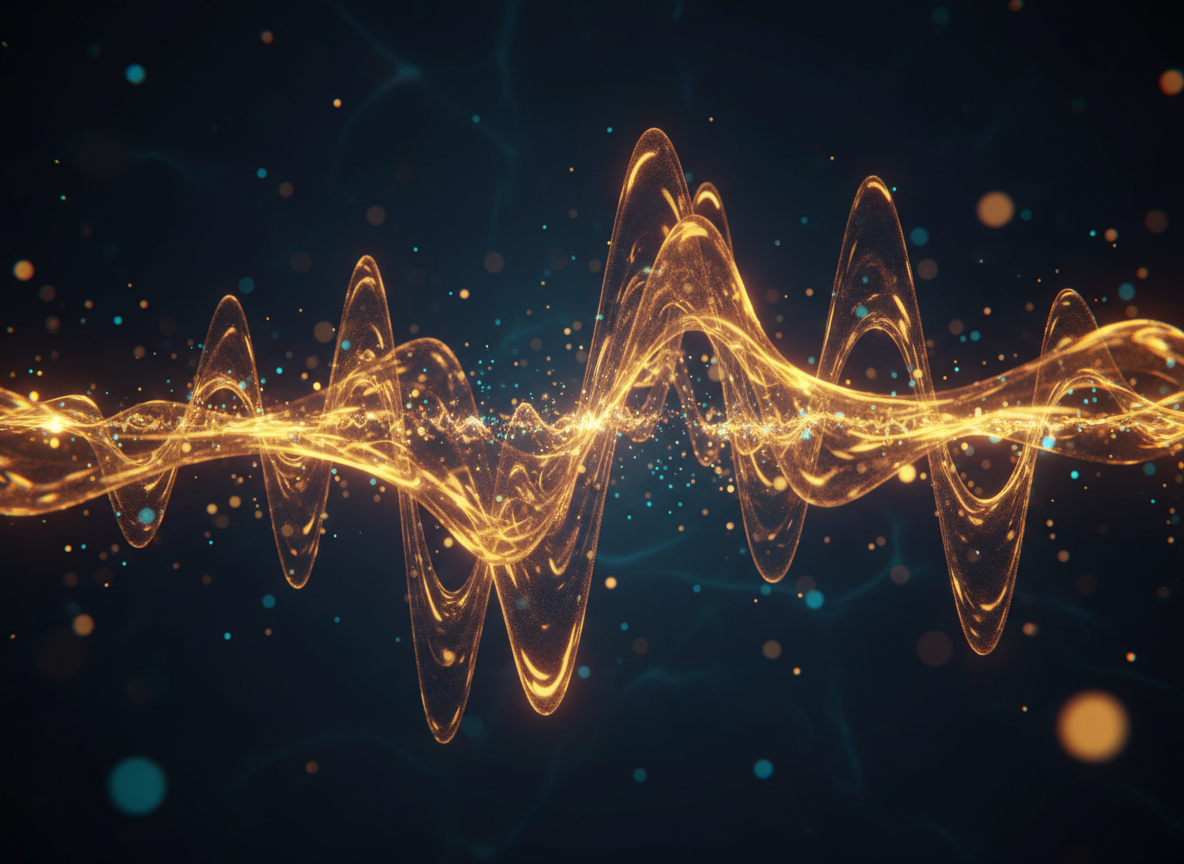 Visualización abstracta de ondas sonoras doradas vibrando en un vacío oscuro