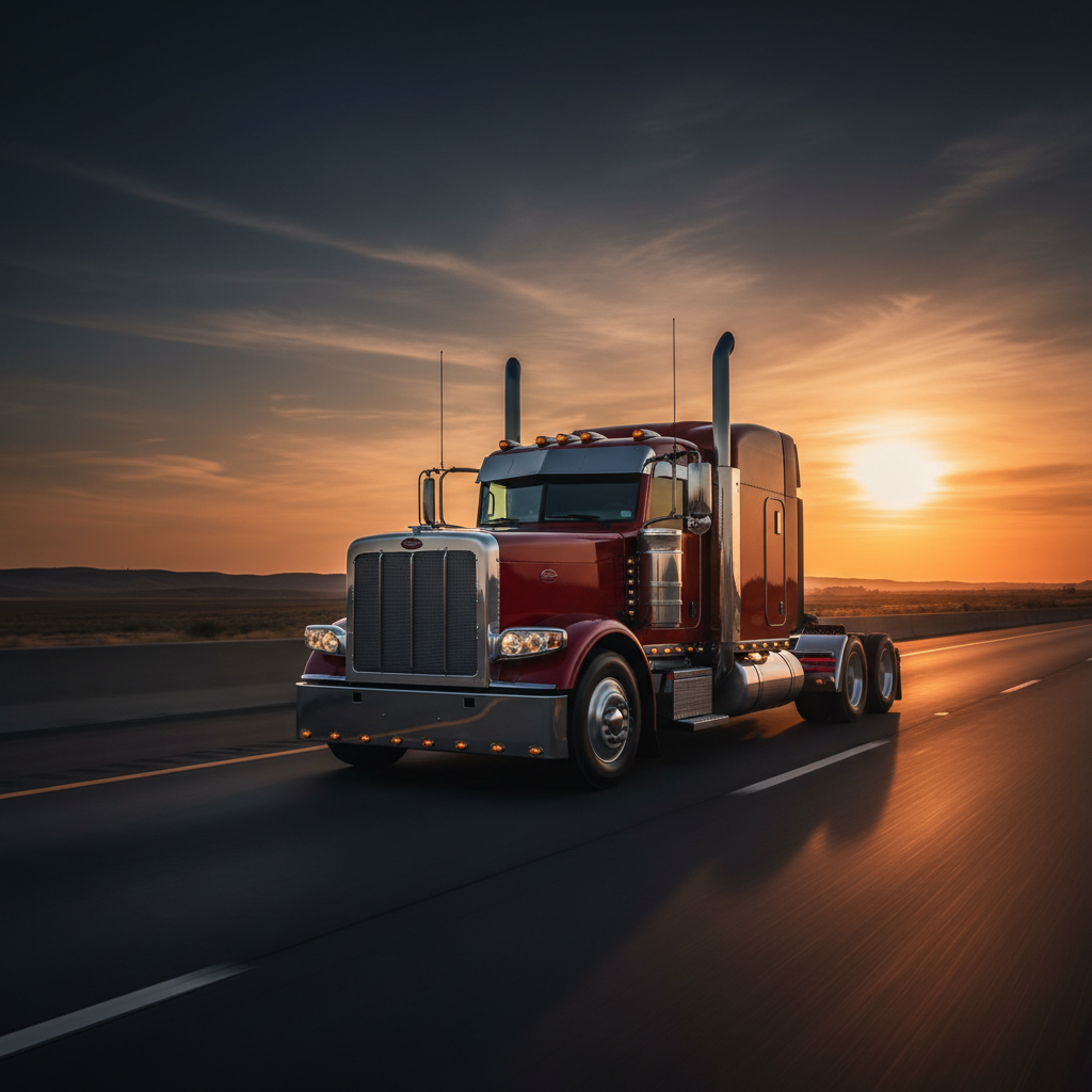Tráiler en carretera al atardecer