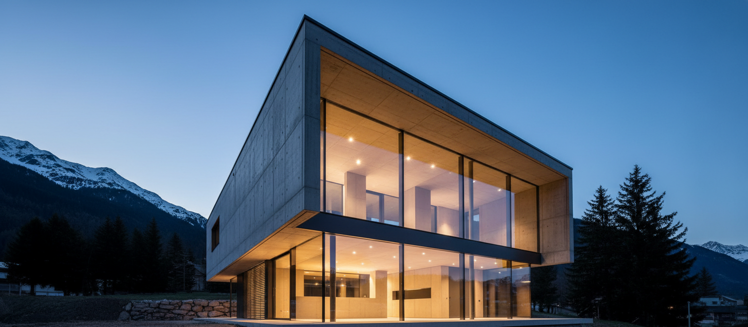 Moderne Schweizer Villa bei Dämmerung mit Betonwänden und Glasfassade