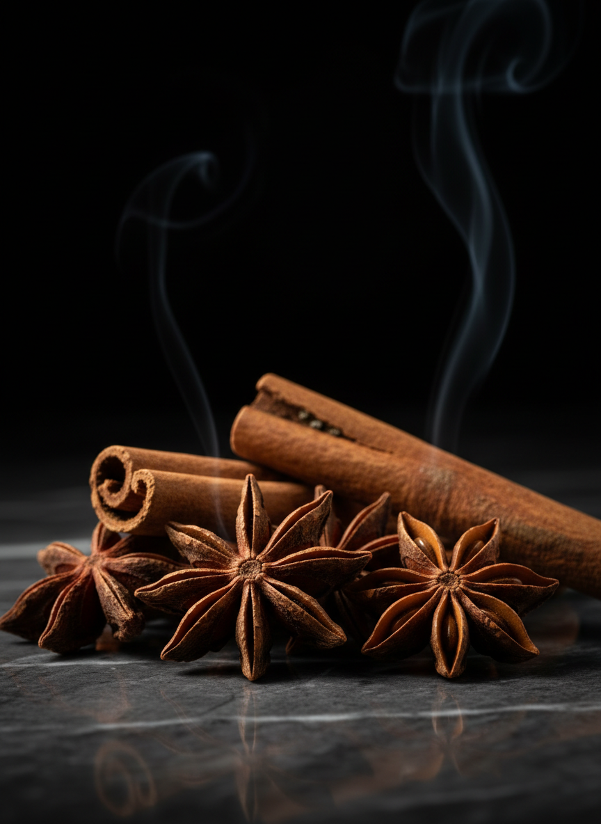 Star anise and cinnamon on dark marble