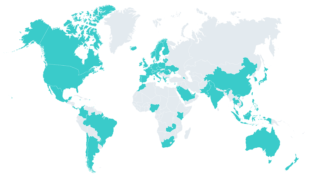 World map showing Xplor's global reach across 72+ countries