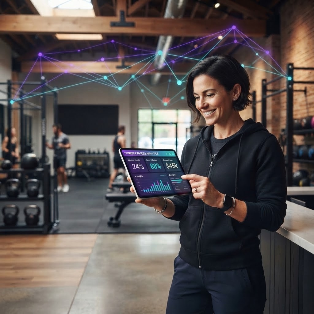 Fitness business owner reviewing connected data insights