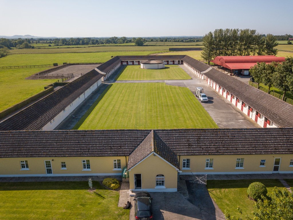 Aerial view of Bert House Stud estate at dawn, County Kildare
