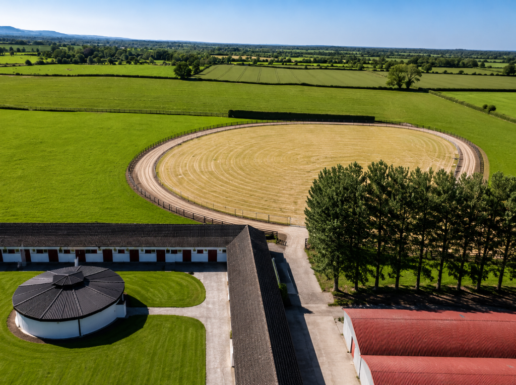 Aerial view of Bert House Stud gallop, walker and yard facilities