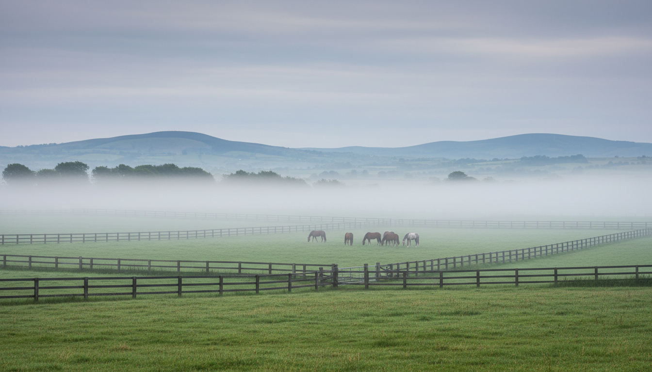 Lush green Irish paddocks with thoroughbred horses grazing
