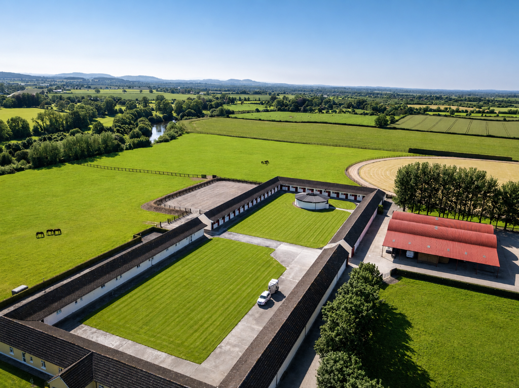 Aerial view of Bert House Stud all-weather covered turnout area and walker, County Kildare