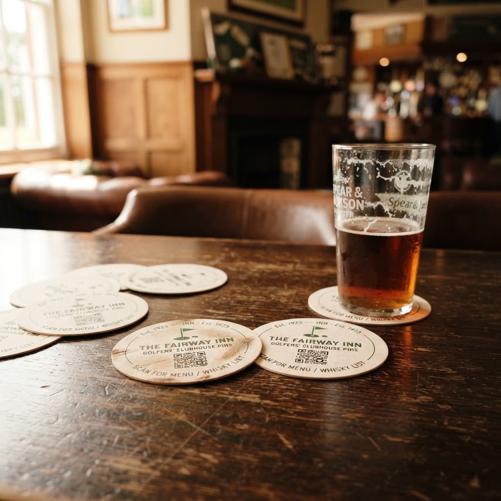 Branded beer mats with QR codes on a clubhouse table